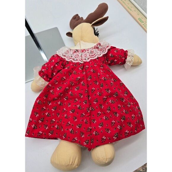 Handmade Reindeer Doll In Red Dress With Lace & Bow - Picture 7 of 9